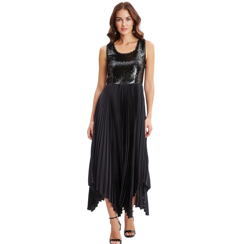 NWT Elie Tahari Pave Sequin Midi Pleated Dress Black Holiday Party MSRP $395
